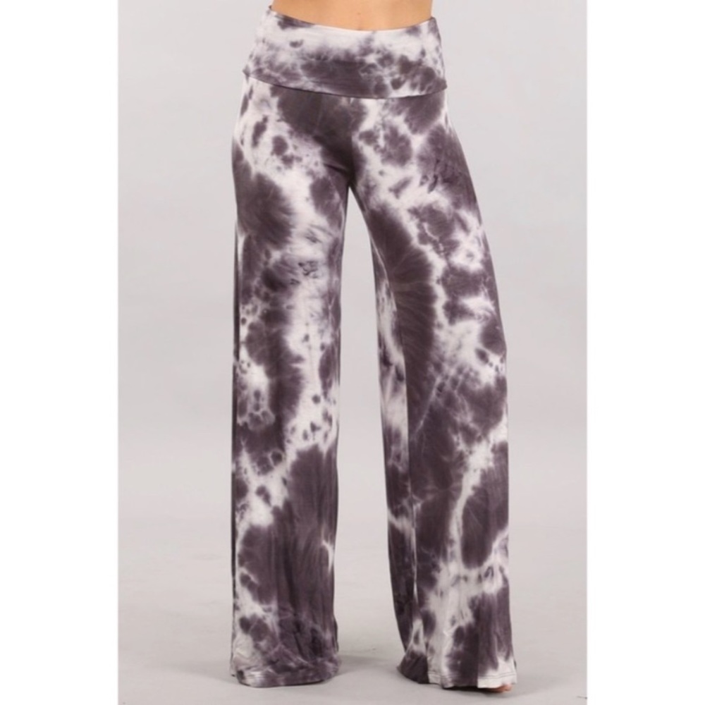 SOLD OUT Taupe Gray Boho Tie Dye Foldover High Waist Wide Leg Palazzo Lounge - Picture 2 of 3